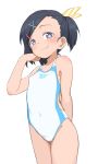  1girl arm_behind_back black_hair blue_eyes bubukka closed_mouth collarbone flat_chest hair_ornament hair_ribbon hairclip heart heart-shaped_pupils looking_at_viewer navel one-piece_swimsuit original ribbon short_hair side_ponytail simple_background smile solo striped striped_ribbon swimsuit symbol-shaped_pupils teeth upper_teeth white_background white_swimsuit x_hair_ornament 
