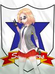  1girl absurdres black_gloves blonde_hair blouse blue_eyes closed_mouth collared_blouse cowboy_shot emblem girls_und_panzer gloves hair_intakes highres hyunjjing jacket kay_(girls_und_panzer) long_hair looking_over_eyewear open_clothes open_jacket saunders_(emblem) saunders_school_uniform school_uniform sleeves_rolled_up smile solo standing sunglasses thigh-highs white_blouse white_legwear 