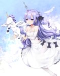  1girl ahoge alicorn azur_lane bare_shoulders chiutake_mina collarbone commentary_request dress feathers flying gradient gradient_background hair_bun hair_ribbon highres long_hair one_side_up purple_hair ribbon side_bun signature simple_background smile unicorn_(azur_lane) violet_eyes white_dress white_legwear 