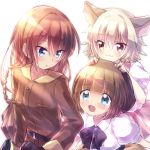  3girls animal_ears blue_eyes brown_hair cat_ears death_march_kara_hajimaru_isekai_kyousoukyoku dog_ears eyebrows_visible_through_hair highres liza_(death_march) multiple_girls nyaa_(nnekoron) open_mouth pochi_(death_march) shirt short_hair short_sleeves smile sunlight tama_(death_march) 