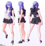  1girl artist_name criss-cross_halter eyes_visible_through_hair hair_between_eyes hair_ornament hairclip halter_top halterneck highres midriff miniskirt navel original orihalchon ponytail purple_hair shoes skirt sneakers violet_eyes white_background 