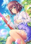  1girl :o bangs blue_sky blurry blurry_background blurry_foreground breasts brown_hair bubble center_frills clouds commentary_request daidai_jamu day depth_of_field dress_shirt dutch_angle eyebrows_visible_through_hair feet_out_of_frame frills green_eyes hair_ribbon highres holding long_sleeves medium_breasts original outdoors parted_lips plaid plaid_skirt pleated_skirt purple_skirt ribbon see-through see-through_sleeves shirt sitting skirt sky solo swing two_side_up white_ribbon white_shirt 