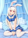  1girl animal_ears bed blue_dress blue_theme breasts bunny_girl canopy_bed checkered closed_mouth commentary_request detached_collar dress frilled_dress frills headdress long_hair looking_at_viewer medium_breasts no_shoes on_bed original pillow rabbit_ears red_eyes sasaame short_sleeves silver_hair sitting solo striped thigh-highs white_legwear wrist_cuffs yokozuwari zettai_ryouiki 