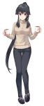  1girl alternate_costume anchor black_hair black_pants blush breasts brown_sweater coffee_mug cup denim full_body hair_between_eyes holding holding_cup ichinomiya_(blantte) kantai_collection large_breasts long_hair long_sleeves looking_at_viewer mug open_mouth pants red_eyes sidelocks simple_background slippers smile solo sweater turtleneck turtleneck_sweater very_long_hair white_background yahagi_(kantai_collection) 