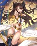  1girl ass_visible_through_thighs barefoot black_ribbon brown_hair chain crown fate/grand_order fate_(series) groin ishtar_(fate/grand_order) long_hair pointing pointing_at_viewer red_eyes ribbon single_thighhigh smile solo thigh-highs thighs twintails untsue very_long_hair 