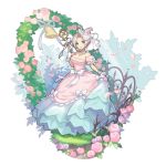  1girl :d blue_eyes bow bride dragalia_lost dress flower full_body garland_(decoration) grass heart holding looking_at_viewer official_art open_mouth ribbon saitou_naoki smile solo transparent_background white_hair xania 