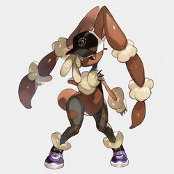  animal_ears baseball_cap black_headwear black_sclera bunny_tail closed_mouth clothed_pokemon commentary_request full_body furry gen_4_pokemon grey_background hand_up happy hat jpeg_artifacts looking_at_viewer lopunny mega_lopunny mega_pokemon newo_(shinra-p) no_humans pink_eyes pokemon pokemon_(creature) purple_footwear rabbit_ears shoes simple_background smile solo standing tail 