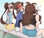  ^_^ ass blush caught closed_eyes double_bun hair_bun highres kenshin187 kyouhei_(pokemon) mei_(pokemon) panties panty_peek pink_panties ponytail short_shorts shorts sitting smile staring touko_(pokemon) underwear visor 