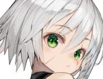  1girl :&lt; bangs bare_shoulders blush commentary_request eyebrows_visible_through_hair face fate/apocrypha fate_(series) green_eyes grey_hair hair_between_eyes jack_the_ripper_(fate/apocrypha) looking_at_viewer nyatabe scar scar_across_eye simple_background solo white_background 