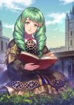  1girl artist_name bird book bow clouds dress drill_hair fire_emblem fire_emblem:_three_houses flayn_(fire_emblem) grass green_eyes green_hair hair_ornament hairclip iroha_(akei0710) long_hair sitting sky solo 