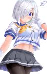  absurdres ayakase_hotaru black_legwear blue_eyes breasts gloves hair_ornament hair_over_one_eye hairclip hamakaze_(kantai_collection) highres kantai_collection large_breasts neckerchief pleated_skirt school_uniform serafuku short_hair short_sleeves silver_hair simple_background skirt white_background white_gloves yellow_neckwear 