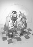  3girls animal_ears barefoot chair earrings from_behind hand_on_leg hat jewelry long_hair monochrome multiple_girls rabbit_ears reisen_udongein_inaba ringo_(touhou) seiran_(touhou) sitting skirt touhou yamamomo_(plank) 