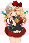 1girl arm_behind_back ascot bangs blonde_hair blush bow commentary_request cowboy_shot crystal eyebrows_visible_through_hair fang flandre_scarlet frilled_shirt_collar frills gotoh510 hair_between_eyes hand_up hat hat_bow head_tilt highres holding holding_hair long_hair looking_at_viewer miniskirt mob_cap nail_polish one_side_up parted_lips pink_background pleated_skirt puffy_short_sleeves puffy_sleeves red_bow red_eyes red_nails red_shirt red_skirt shirt short_sleeves skirt skirt_set solo standing thighs touhou two-tone_background white_background white_headwear wings yellow_neckwear 