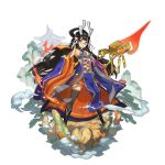  1girl :o black_hair blue-framed_eyewear chinese_clothes detached_sleeves dragalia_lost full_body glasses holding holding_spear holding_weapon long_hair long_sleeves non-web_source official_art open_hand polearm saitou_naoki spear very_long_hair weapon wide_sleeves xuan_zang_(dragalia_lost) 