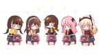  5girls anti-rain_(girls_frontline) black_hair blonde_hair braided_ponytail chibi dinergate_(girls_frontline) eyepatch girls_frontline headphones highres honyang jacket long_hair m16a1_(girls_frontline) m4_sopmod_ii_(girls_frontline) m4_sopmod_ii_jr m4a1_(girls_frontline) multiple_girls necktie o_o pink_hair riding ro635_(girls_frontline) smile st_ar-15_(girls_frontline) 