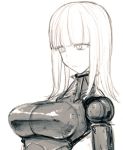  1girl blame! blank_eyes bodysuit breasts cibo closed_mouth commentary_request cyborg greyscale highres impossible_bodysuit impossible_clothes kotoyama long_hair monochrome pale_skin robot_joints simple_background solo white_background 