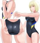  1girl adjusting_clothes adjusting_swimsuit ass bangs black_swimsuit blonde_hair closed_mouth commentary_request competition_swimsuit eyebrows_visible_through_hair frown glaring half-closed_eyes hands_together highres mayomaru1 one-piece_swimsuit original partial_commentary short_hair simple_background solo standing swimsuit thighs white_background yellow_eyes 