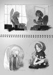  2girls arm_behind_back book capelet chair curtains doremy_sweet from_side hat kishin_sagume monochrome multiple_girls single_wing sitting touhou window wings yamamomo_(plank) 