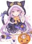  1girl absurdres animal_ears animal_hood basket bell bow bowtie broom brown_eyes cat_tail cloak fake_animal_ears fang fur_trim halloween hand_up highres hikawa_kyoka holding hood jingle_bell long_hair long_sleeves looking_at_viewer open_mouth paw_background pointy_ears princess_connect! princess_connect!_re:dive pumpkin purple_bow purple_hair purple_legwear sidelocks socks solo tail tail_bow tokkyu v-shaped_eyebrows very_long_hair white_background yellow_neckwear 