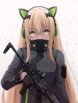  1girl animal_ears bangs black_gloves black_jacket blonde_hair cat_ear_headphones cat_ears commentary covered_mouth eyebrows_visible_through_hair fake_animal_ears girls_frontline gloves green_eyes grey_background gun hair_between_eyes half_gloves headphones highres holding holding_gun holding_weapon jacket keenh long_hair looking_at_viewer object_namesake signature simple_background solo steyr_tmp submachine_gun tmp_(girls_frontline) very_long_hair weapon 