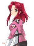  1girl absurdres flay_allster grey_eyes gundam gundam_seed highres lips long_hair parted_lips redhead shiina_yousei sidelocks solo uniform upper_body white_background 