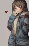  androgynous brown_hair chara_(undertale) commentary_request hood hoodie looking_at_viewer oshiruko_(tsume) red_eyes sans short_hair simple_background solo undertale 