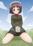  1girl absurdres alina_(girls_und_panzer) bangs black_legwear black_skirt blue_sky blush bridal_veil brown_eyes brown_hair clouds cloudy_sky commentary daisy daxz240r day emblem eyebrows_visible_through_hair flower full_body girls_und_panzer grass green_jacket highres holding holding_flower insignia jacket kneeling long_sleeves looking_at_viewer miniskirt open_mouth outdoors pleated_skirt pravda_school_uniform red_shirt school_uniform shirt short_hair skirt sky smile socks solo turtleneck veil 