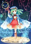  1girl bangs boots brown_eyes cape dress full_body green_hair hat holding holding_staff magic_circle magical_girl original pinafore_dress sailor_hat smile solo staff tairyouki 