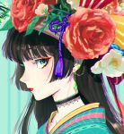  1girl aqua_background aqua_eyes bangs black_hair blunt_bangs choker closed_mouth colored_eyelashes flower hat hat_flower highres hime_cut huacai japanese_clothes looking_at_viewer original portrait profile red_flower red_lips red_ribbon ribbon ribbon_trim sidelocks sideways_glance solo striped striped_ribbon vertical_stripes 