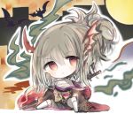  1girl :&lt; animal bangs bare_shoulders bat black_kimono blush character_request chibi closed_mouth commentary_request cottontailtokki dragon_wings eyebrows_visible_through_hair grey_hair hair_between_eyes head_tilt head_wings japanese_clothes katana kimono knee_up kneehighs long_sleeves looking_at_viewer no_shoes off_shoulder ponytail red_eyes sarashi shadowverse shingeki_no_bahamut sitting solo sword weapon white_legwear white_wings wide_sleeves wings 