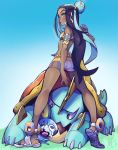  1girl aqua_hair armband armlet ass belly_chain black_hair blue_background blue_eyes breasts commentary dark_skin drednaw english_commentary eyeliner eyeshadow eymbee flat_ass forehead from_behind full_body gradient gradient_background gym_leader hair_bun highres holding holding_poke_ball jewelry kneepits lips long_legs looking_back makeup multicolored_hair nose plantar_flexion poke_ball pokemon pokemon_(creature) pokemon_(game) pokemon_swsh rurina_(pokemon) sandals shorts small_breasts sobble streaked_hair swimsuit tankini 