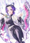  1girl bangs belt black_hair blush breasts bug butterfly butterfly_hair_ornament commentary_request eyebrows_visible_through_hair hair_ornament haori hhama highres insect japanese_clothes katana kimetsu_no_yaiba kochou_shinobu large_breasts long_sleeves looking_at_viewer parted_bangs purple_hair short_hair smile solo sword uniform violet_eyes weapon white_belt wide_sleeves 