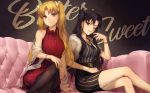  2girls alternate_costume bangs bare_shoulders black_bow black_dress black_hair blonde_hair bow breasts casual couch dress ereshkigal_(fate/grand_order) fate/grand_order fate_(series) hair_bow highres ishtar_(fate/grand_order) jewelry kouzuki_kei long_hair long_sleeves looking_at_viewer multiple_girls necklace one_eye_closed pantyhose parted_bangs red_dress red_eyes short_sleeves sitting smile striped striped_dress thighs two_side_up vertical_stripes white_bow 