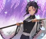  1girl bangs belt black_hair breasts bug butterfly butterfly_hair_ornament commentary_request hair_ornament haori highres holding holding_sword holding_weapon insect japanese_clothes katana kimetsu_no_yaiba kochou_shinobu long_sleeves looking_at_viewer parted_bangs purple_hair short_hair smile smile_(dcvu7884) solo sword uniform violet_eyes weapon white_belt wide_sleeves 