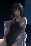  1girl amagami black_eyes black_hair breath competition_swimsuit mobu nanasaki_ai night night_sky one-piece_swimsuit open_mouth short_hair sky solo star_(sky) swimsuit undressing 