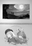  2girls animal_ears earrings eating from_behind full_moon hat huge_moon jewelry monochrome moon multiple_girls rabbit_ears ringo_(touhou) seiran_(touhou) touhou yamamomo_(plank) 