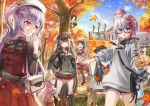  6+girls admiral_graf_spee_(azur_lane) ajax_(azur_lane) ark_royal_(azur_lane) arm_up autumn_leaves azur_lane bag bangs behind_tree black-framed_eyewear black_hair black_legwear blue_sky blunt_bangs braid brown_headwear building camera closed_eyes deutschland_(azur_lane) easel eating glasses hand_up handbag hands_on_hips hat highres kisaragi_(azur_lane) lamppost lavender_hair lens_flare long_hair long_sleeves multicolored_hair multiple_girls mutsuki_(azur_lane) open_mouth outdoors paintbrush painting painting_(object) palette parted_lips pink_hair plaid plaid_skirt pout red_skirt sho_(sumika) short_hair short_shorts shorts silver_hair skirt sky standing streaked_hair sweatdrop sweater swept_bangs tree two-tone_hair two_side_up violet_eyes 