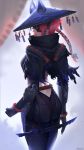  1girl absurdres animal_hat ass blurry blurry_background clenched_hand cloak from_behind gauntlets glowing glowing_eye half_mask hat high_collar highres lips long_hair looking_at_viewer mcdobo monster_hunter monster_hunter:_world odogaron_(master_rank_armor) petals ponytail redhead solo standing torn_cloak torn_clothes weapon 
