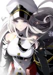  1girl azur_lane bangs bare_shoulders black_jacket black_neckwear breasts closed_mouth collared_shirt commentary_request dress_shirt enterprise_(azur_lane) eyebrows_visible_through_hair hair_between_eyes hat highres hoshizaki_reita jacket large_breasts long_hair military_hat necktie off_shoulder open_clothes open_jacket peaked_cap shirt signature silver_hair simple_background sleeveless sleeveless_shirt solo v-shaped_eyebrows very_long_hair violet_eyes white_background white_headwear white_shirt 