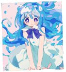  1girl :o bare_arms blue_eyes blue_hair blue_neckwear blue_ribbon blush_stickers border collared_dress dot_nose dress eyebrows_visible_through_hair frame goo_girl in_container ka_(marukogedago) liquid_hair long_hair looking_at_viewer merc_(merc_storia) merc_storia monster_girl neck_ribbon open_mouth outside_border pink_background ribbon simple_background sleeveless sleeveless_dress solo tareme very_long_hair white_border white_dress 