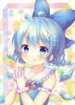  1girl :q ahoge alternate_hairstyle blue_bow blue_dress blue_eyes blue_hair blush bow braid cirno closed_mouth commentary_request dress floral_background frilled_gloves frilled_sailor_collar frills gloves hair_bow hair_ornament hairclip hands_up highres ice ice_wings looking_at_viewer neck_ribbon pjrmhm_coa red_ribbon ribbon sailor_collar sailor_dress sleeveless sleeveless_dress smile solo star star_hair_ornament steepled_fingers tongue tongue_out touhou twin_braids upper_body white_gloves white_sailor_collar wings 