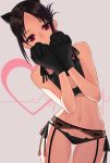  1girl animal_ears bangs black_gloves black_hair black_panties blush cat_ears cat_paws cleavage_cutout commentary_request dcoagt eyebrows_visible_through_hair gloves hair_ribbon heart highres kaguya-sama_wa_kokurasetai_~tensai-tachi_no_renai_zunousen~ lifeline looking_at_viewer navel panties parted_bangs paws red_eyes red_ribbon ribbon shinomiya_kaguya sidelocks solo underwear 