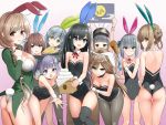  6+girls animal_ears arare_(kantai_collection) arms_up asagumo_(kantai_collection) asashio_(kantai_collection) ass back backless_outfit bare_shoulders black_hair bow bowtie braid breasts brown_hair bunny_girl bunny_tail bunnysuit cloud_hair_ornament detached_collar double_bun fake_animal_ears food frills green_eyes green_hairband grey_eyes hair_ornament hairband highleg highleg_leotard highres holding kantai_collection kasumi_(kantai_collection) kuronaga large_breasts leotard light_brown_hair long_hair low_twin_braids michishio_(kantai_collection) minegumo_(kantai_collection) multiple_girls ooshio_(kantai_collection) purple_hair rabbit_ears side-tie_leotard side_ponytail sidelocks silver_hair small_breasts standing strapless strapless_leotard sweatdrop tail thigh-highs twintails violet_eyes wrist_cuffs yamagumo_(kantai_collection) 