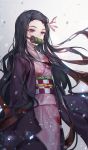  1girl absurdres bamboo bit_gag black_hair blood blood_on_face bloody_clothes brown_hair commentary_request forehead gag hair_ribbon highres huge_filesize japanese_clothes kamado_nezuko kimetsu_no_yaiba kimono long_hair long_sleeves looking_at_viewer mouth_hold multicolored_hair pink_eyes pink_kimono pink_ribbon ribbon solo two-tone_hair unity_(ekvmsp02) very_long_hair 