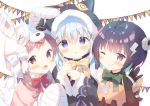  3girls :d :o ;q akane_mimi akane_mimi_(cosplay) animal_ears animal_hat animal_hood bandaged_ear bandaged_hands bandages bangs bell black_capelet black_gloves black_hair black_jacket blue_hair blush bolt bow brown_eyes brown_hair bunny_hat capelet cat_ears cat_hood chimame-tai closed_mouth commentary_request cosplay earmuffs elbow_gloves eyebrows_visible_through_hair fake_animal_ears fur-trimmed_capelet fur-trimmed_hood fur-trimmed_sleeves fur_trim gloves gochuumon_wa_usagi_desu_ka? green_bow hair_between_eyes hair_ornament hands_up hat hikawa_kyoka hikawa_kyoka_(cosplay) hodaka_misogi hodaka_misogi_(cosplay) hood hooded_capelet jacket jingle_bell jouga_maya kafuu_chino lightning_bolt lightning_bolt_hair_ornament long_hair long_sleeves looking_at_viewer low_twintails multiple_girls natsu_megumi one_eye_closed open_mouth parted_lips pennant pink_capelet princess_connect! princess_connect!_re:dive red_bow simple_background smile string_of_flags tongue tongue_out twintails violet_eyes white_background wide_sleeves x_hair_ornament yellow_bow yuizaki_kazuya 