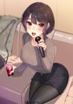  1girl bag black_hair black_legwear blush breasts collarbone cup drinking_glass eyebrows_visible_through_hair handbag highres holding holding_cup holding_microphone kagematsuri large_breasts long_sleeves looking_at_viewer microphone multicolored_hair open_mouth original pantyhose purple_hair short_hair sitting smile solo sweater tongue twitter_username two-tone_hair 