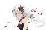  1girl ascot bangs bare_shoulders black_dress black_ribbon blush closed_mouth commentary dokomon dress english_commentary eyebrows_visible_through_hair flower grey_hair hair_between_eyes hair_flower hair_ornament highres honkai_(series) honkai_impact_3rd long_hair looking_away looking_down petals red_eyes red_flower red_neckwear red_rose ribbon rose simple_background sleeveless sleeveless_dress solo theresa_apocalypse theresa_apocalypse_(luna_kindred) white_background 