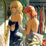  2girls a-1_pictures backless_dress backless_outfit bangs bare_shoulders blonde_hair blue_dress blue_eyes blurry_foreground braid braided_ponytail breasts clothes_hanger dress dressing_another earrings elbow_gloves eyebrows_visible_through_hair fate/apocrypha fate/grand_order fate_(series) fujimaru_ritsuka_(female) gloves highres jeanne_d&#039;arc_(fate) jeanne_d&#039;arc_(fate)_(all) jewelry long_hair looking_back medium_breasts mirror multiple_girls necklace open_mouth pearl_necklace pink_hair profile short_hair sidelocks smile strapless strapless_dress tamomoko type-moon ufotable very_long_hair white_dress white_gloves zipping 
