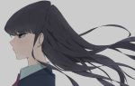  1girl black_eyes black_hair blazer blue_jacket blush collared_shirt commentary_request eyebrows_visible_through_hair eyelashes floating_hair from_side grey_background hair_between_eyes highres jacket komi-san_wa_komyushou_desu komi_shouko lips long_hair looking_to_the_side neckwear portrait red_neckwear school_uniform shadow shiny shiny_hair shirt simple_background solo striped striped_neckwear takita_(takita3411) white_shirt 