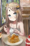  1girl abigail_williams_(fate/grand_order) bangs bare_shoulders black_bow blonde_hair blue_eyes blush bow breasts chair closed_mouth collarbone eating fate/grand_order fate_(series) food forehead fork fruit highres keyhole knife licking_lips long_hair looking_at_viewer orange_bow pancake parted_bangs parusu_(ehyfhugj) plate small_breasts smile solo strawberry tongue tongue_out white_camisole 